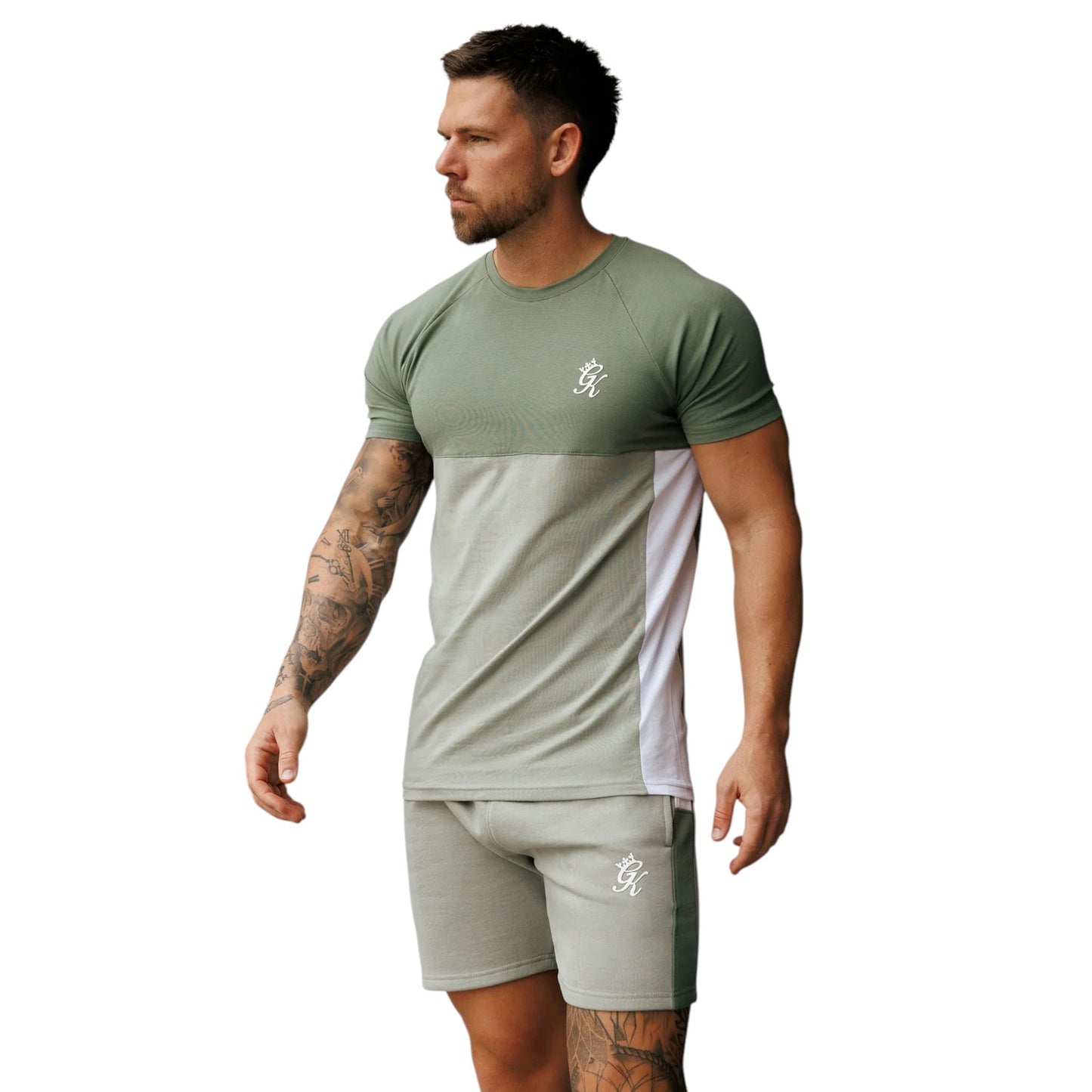 Contrast Panel Tee in Fern Khaki &White