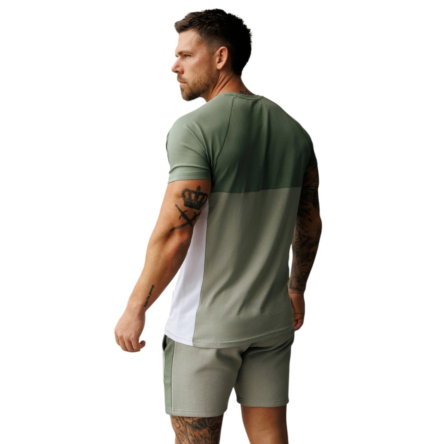 Contrast Panel Tee in Fern Khaki &White
