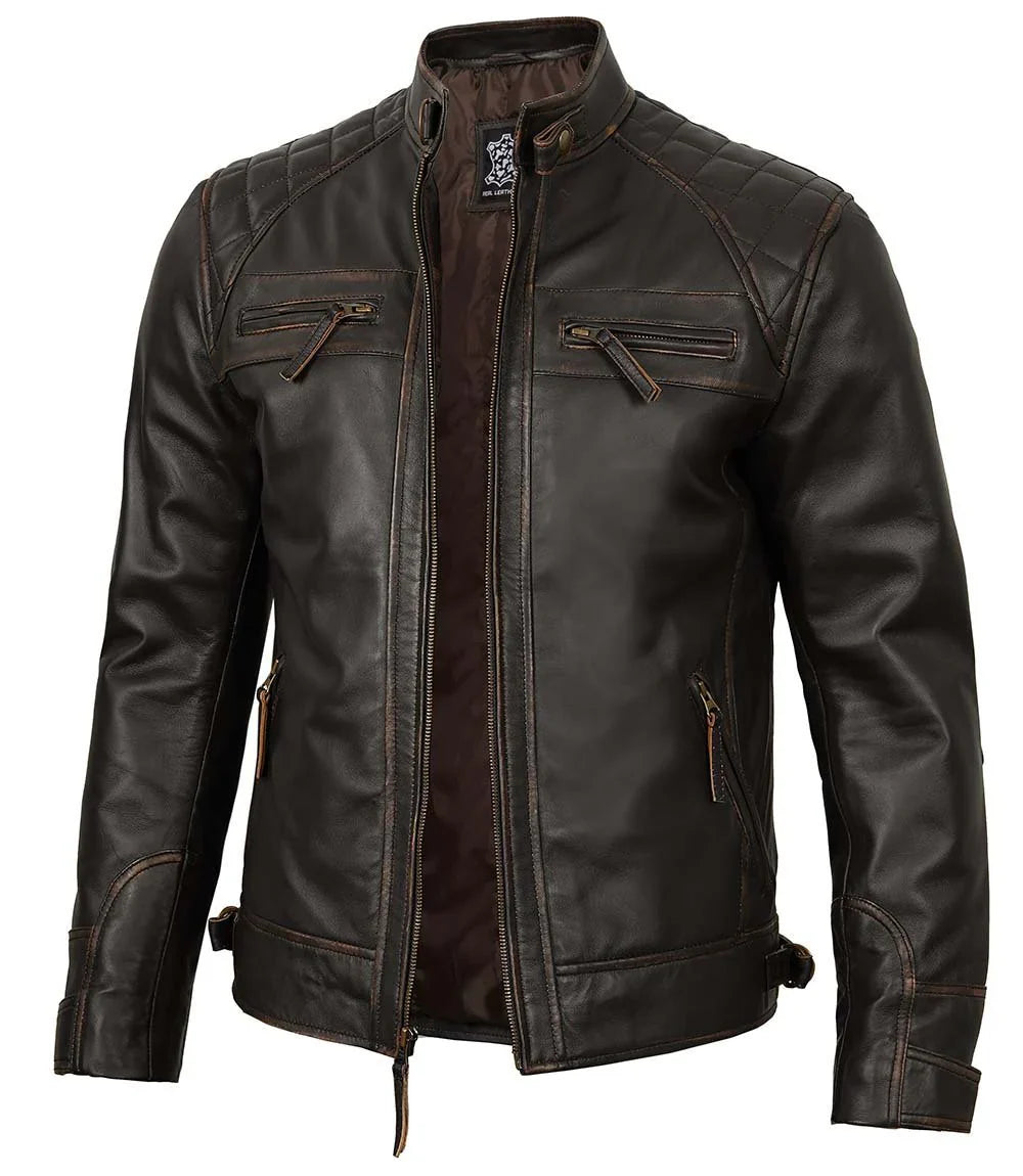 Men Off White Real Leather Harrington Jacket
