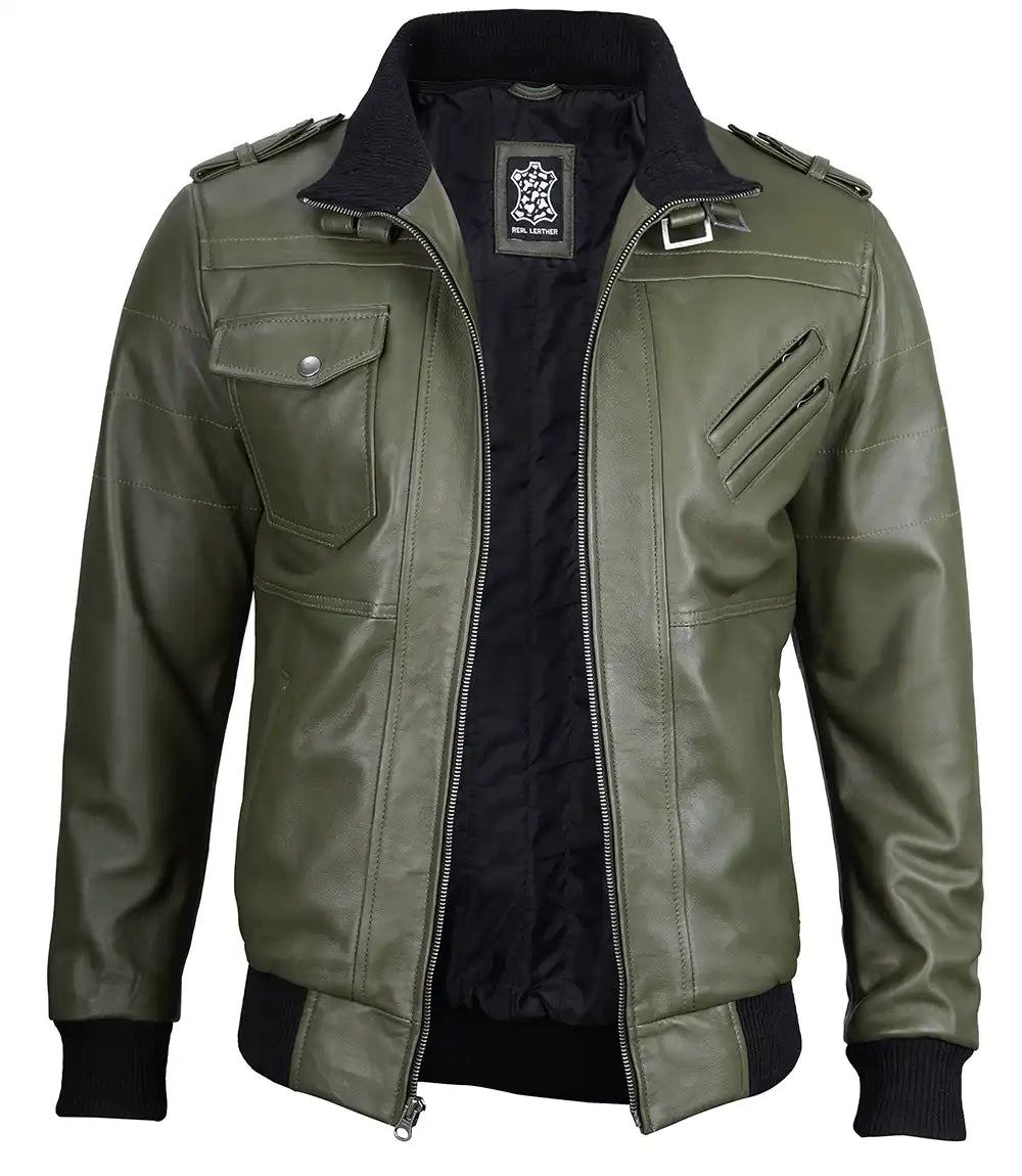 Mens Military Green Leather Jacket with Removable Hood