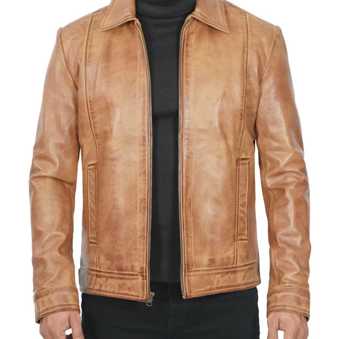 Casual Harrington Vintage Leather Jacket Men’s Light Brown