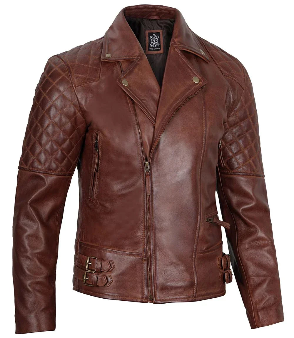 Men’s Dark Brown Quilted Asymmetrical Leather Biker Jacket