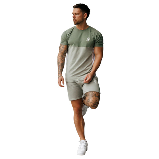 Contrast Panel Tee in Fern Khaki &White