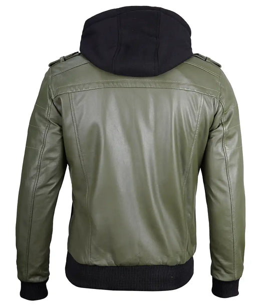 Mens Military Green Leather Jacket with Removable Hood