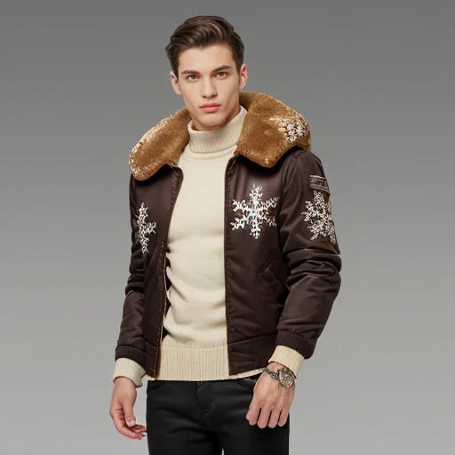 Men's Winter Bomber Jacket with Fur Collar & Snowflake Embroidery