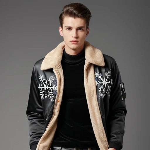 Black Fur Collar & Snowflake Embroidery Bomber Jacket