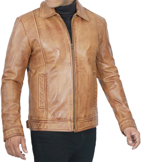 Casual Harrington Vintage Leather Jacket Men’s Light Brown