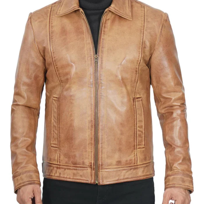 Casual Harrington Vintage Leather Jacket Men’s Light Brown